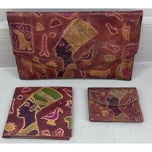 Vintage Red Leather African 3‎ Piece Wallet Set